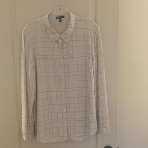 Eileen Fisher Cream and Gray plaid button up shirt for women.